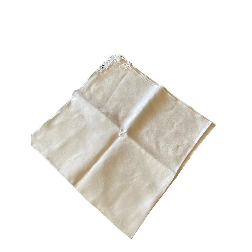 White Vintage Linen Tablecloth Topper Lace Corners